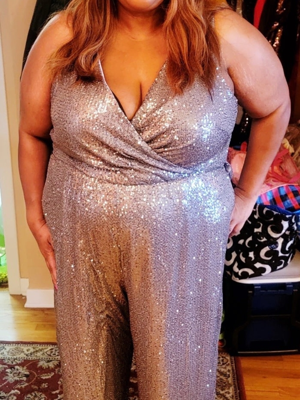 City Chic Silver Sequin V-Neck Jumpsuit